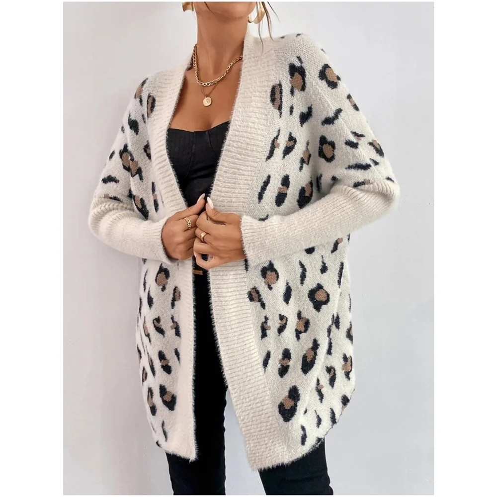 Cozy Leopard Print Fuzzy Open Front Cardigan - Picture 2 of 4